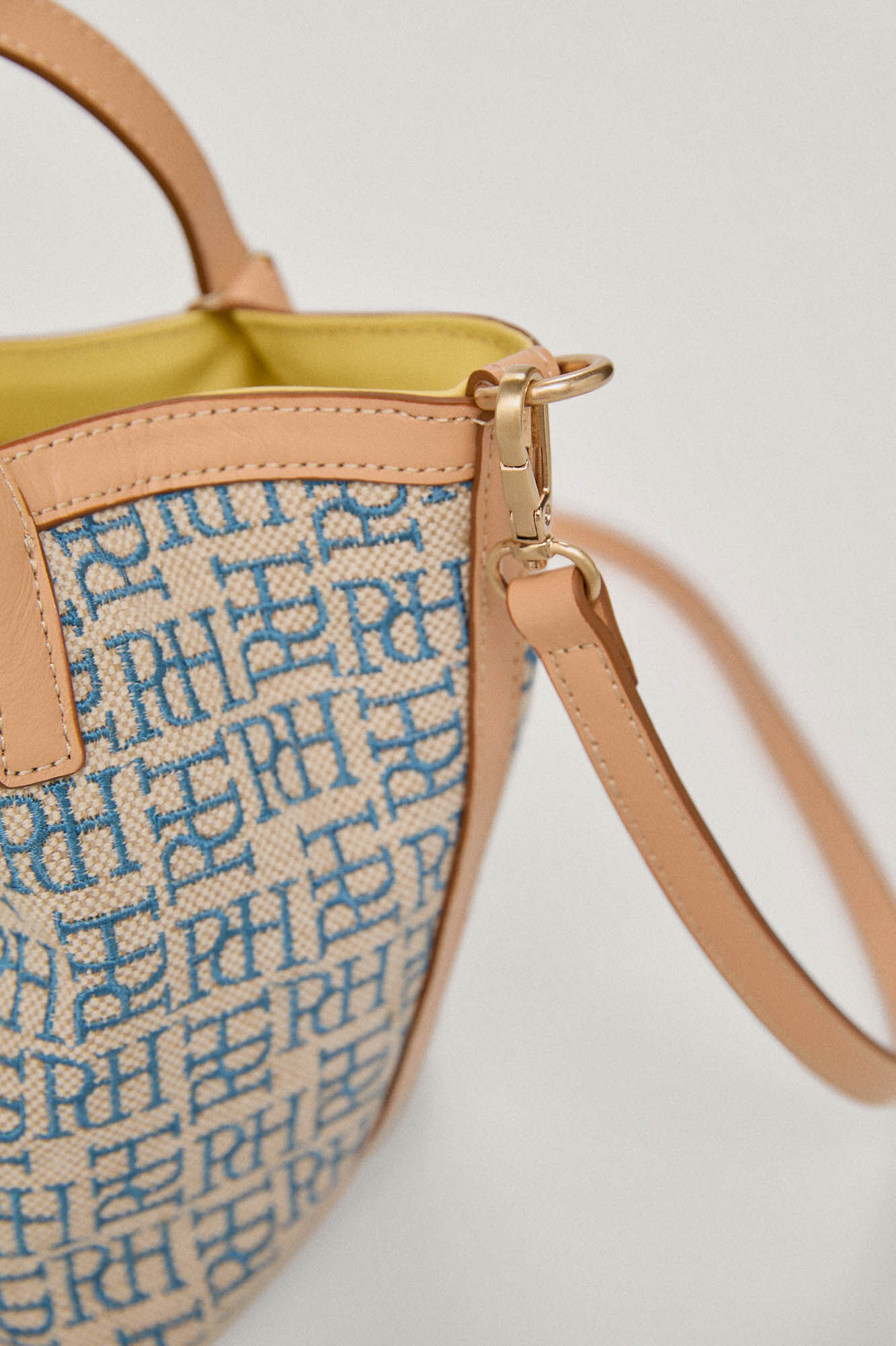 Mini bolsa shopper em jacquard com logo e detalhes em couro - Turquesa