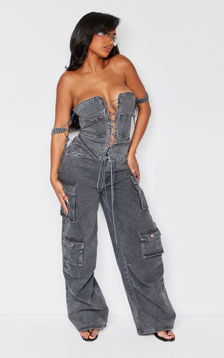 Charbon Jean Cargo Délavage Délavé Détail Poche Forme Ajustée