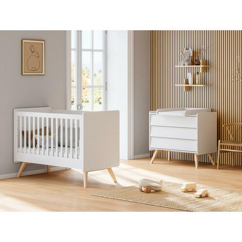 Chambre duo lit évolutif 70x140 cm + Commode Vintage - Blanc/chêne - VOX
