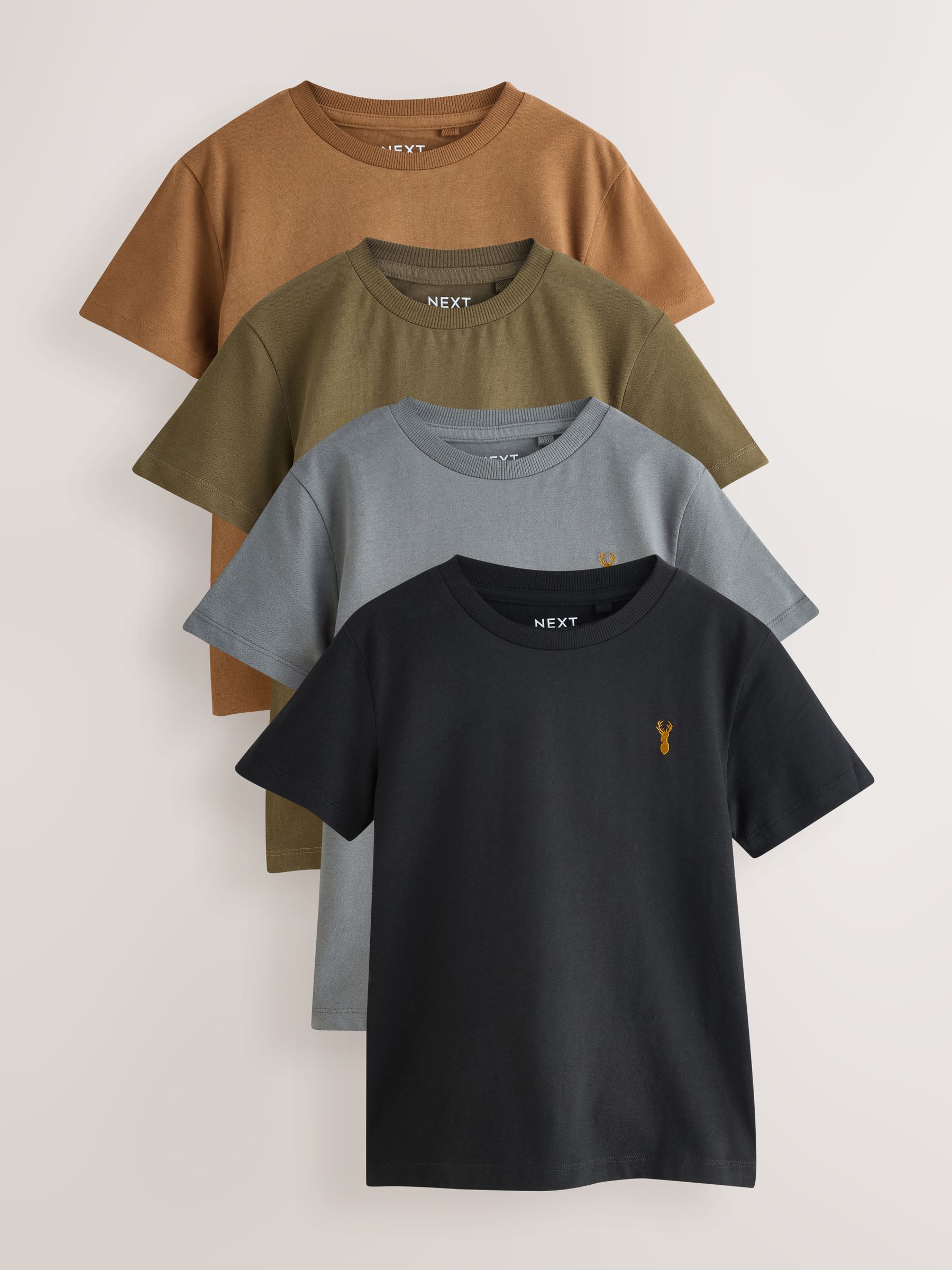 Grijs/zwart/kakigroen/lichtbruin - T-shirts met korte mouwen en geborduurd rendier, verpakking van 4 (3-16jr)