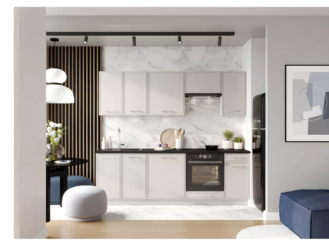 Cuisine complète Bora 8 éléments couleur beige mat avec plan de travail inclus - Longueur 240 cm