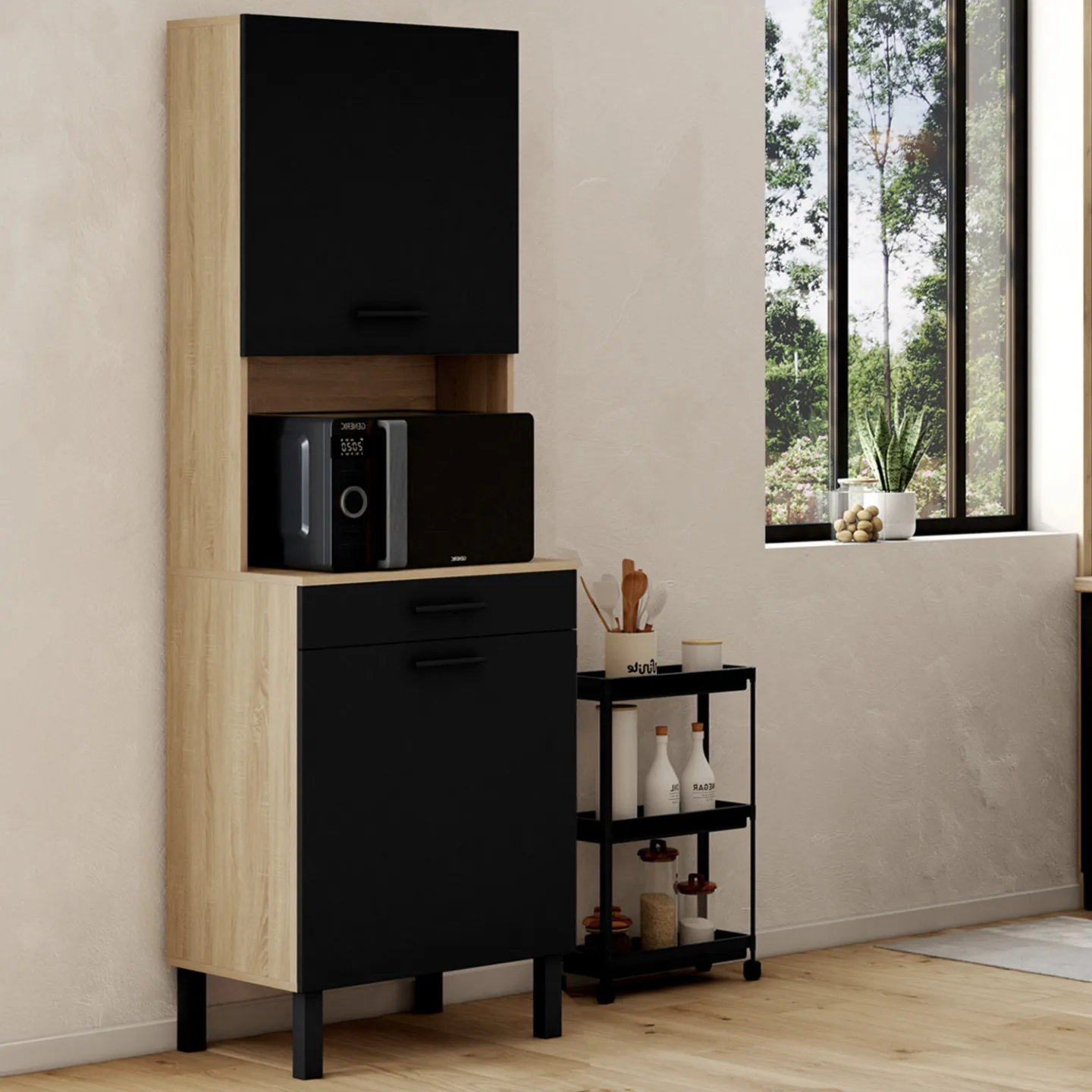 Buffet de cuisine 60 CM CINA 2 portes + tiroir façon hêtre et noir