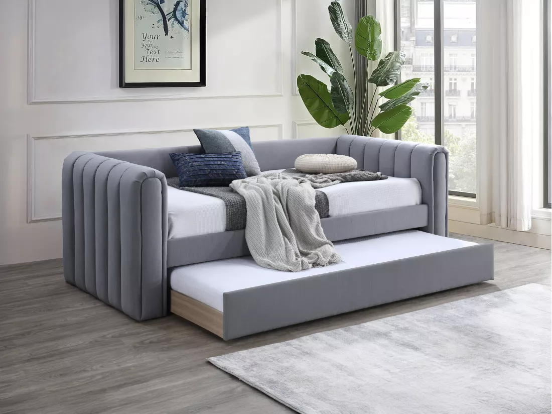 Lit gigogne 90 x 190 cm - Tissu - Gris - SAHONA