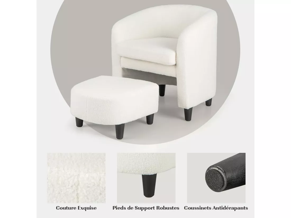 Fauteuil de Salon en Tissu Bouclette avec Repose-Pieds, Fauteuil Rembourré en Forme de Tonneau avec Cadre en Bois Massif, Fauteuil d'Appoint en Velours Teddy, Charge 150 KG(Style 2,Beige)