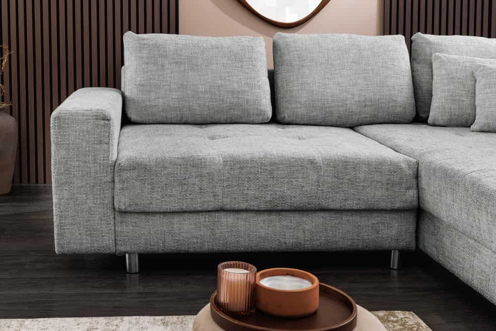 Moderne Wohnlandschaft KENT 220cm grau Strickstoff Ecksofa inkl. Hocker und Kissen