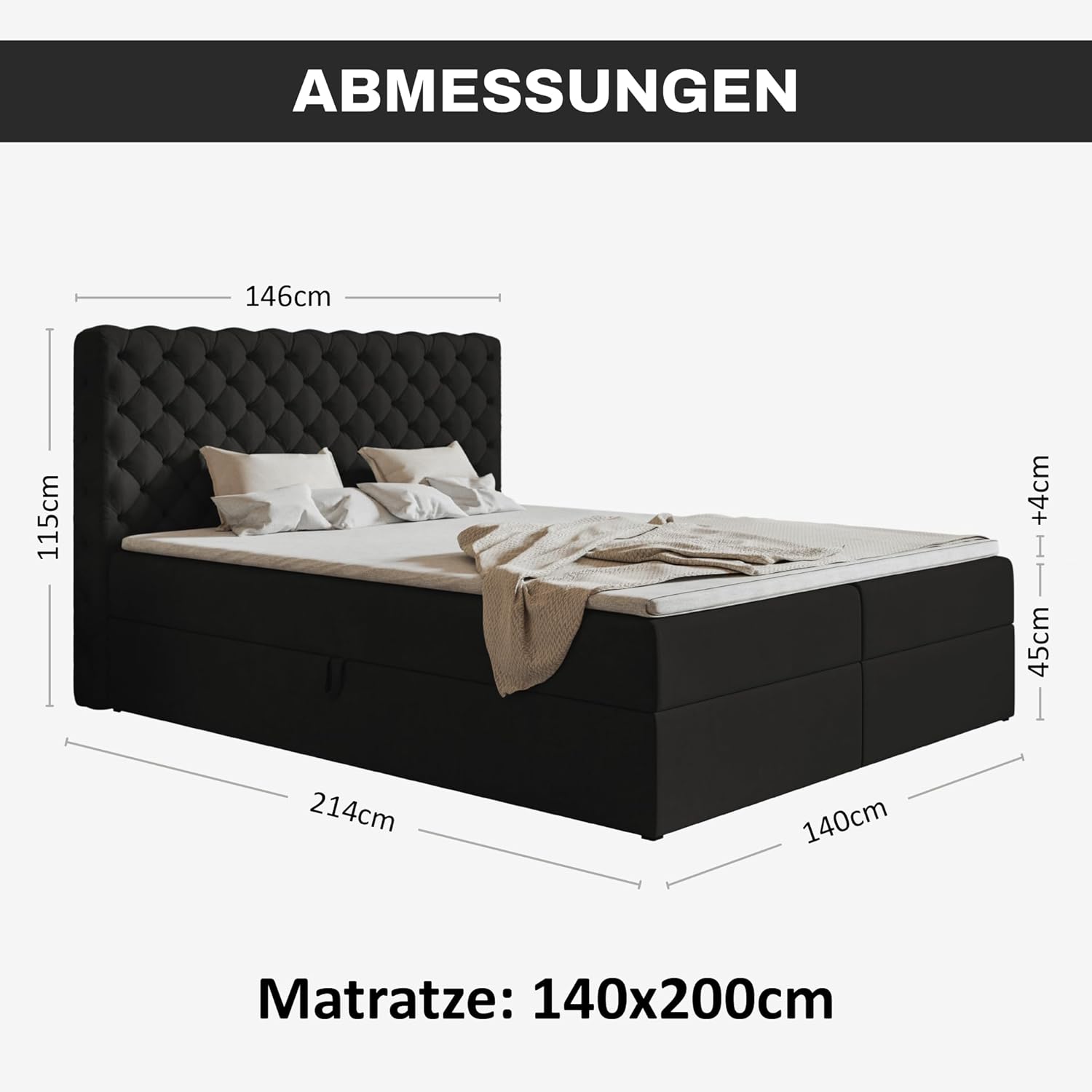Nero Chesterfield Boxspringbett 140x200 mit Bettkasten und Topper, Polsterbett 140x200 mit Bettkasten, Bonell-Matratze (H4), Visco Topper (H2), Samt, Schwarz