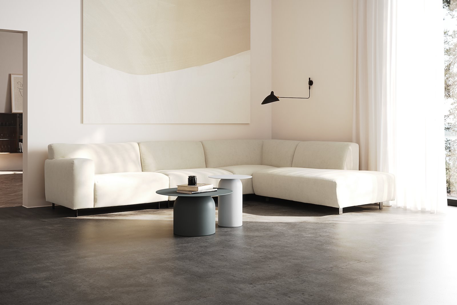 Vesta hjørnesofa 3-seter med åpen ende høyre, Big hjørnemodul, Tekstil Velvety Ivory, standardsøm, sort metallben 10 cm, Comfort CM