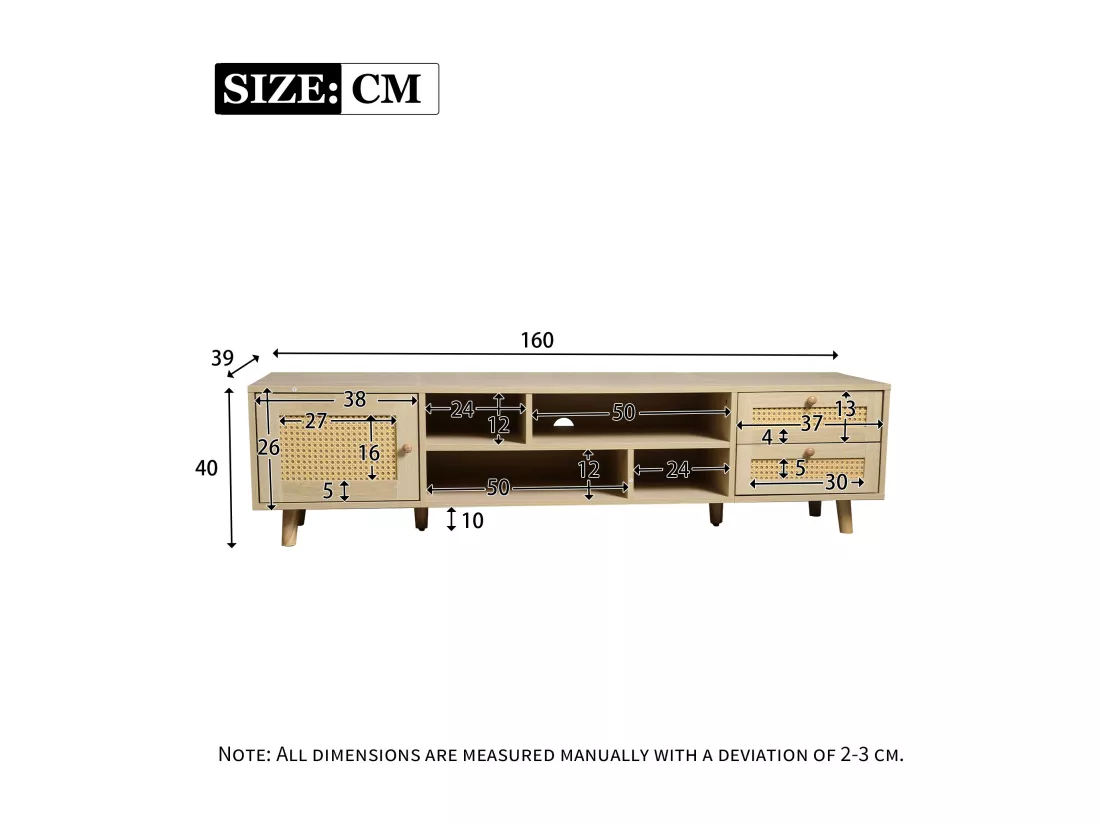 Meuble TV, Banc TV 160 cm avec 2 tiroirs, 1 porte & 4 compartiments, Pour les TV jusqu'à 70
