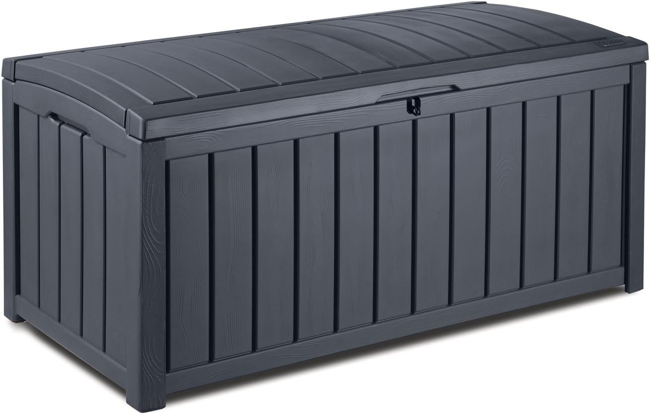 Keter Glenwood Kissenbox, Auflagenbox, 390 Liter Volumen, Wasserdicht, Graphit, Holzoptik, Sitzbank für 2 Erwachsene,134.5L x 74.5W 13.3H cm, Gartenbox, Grau