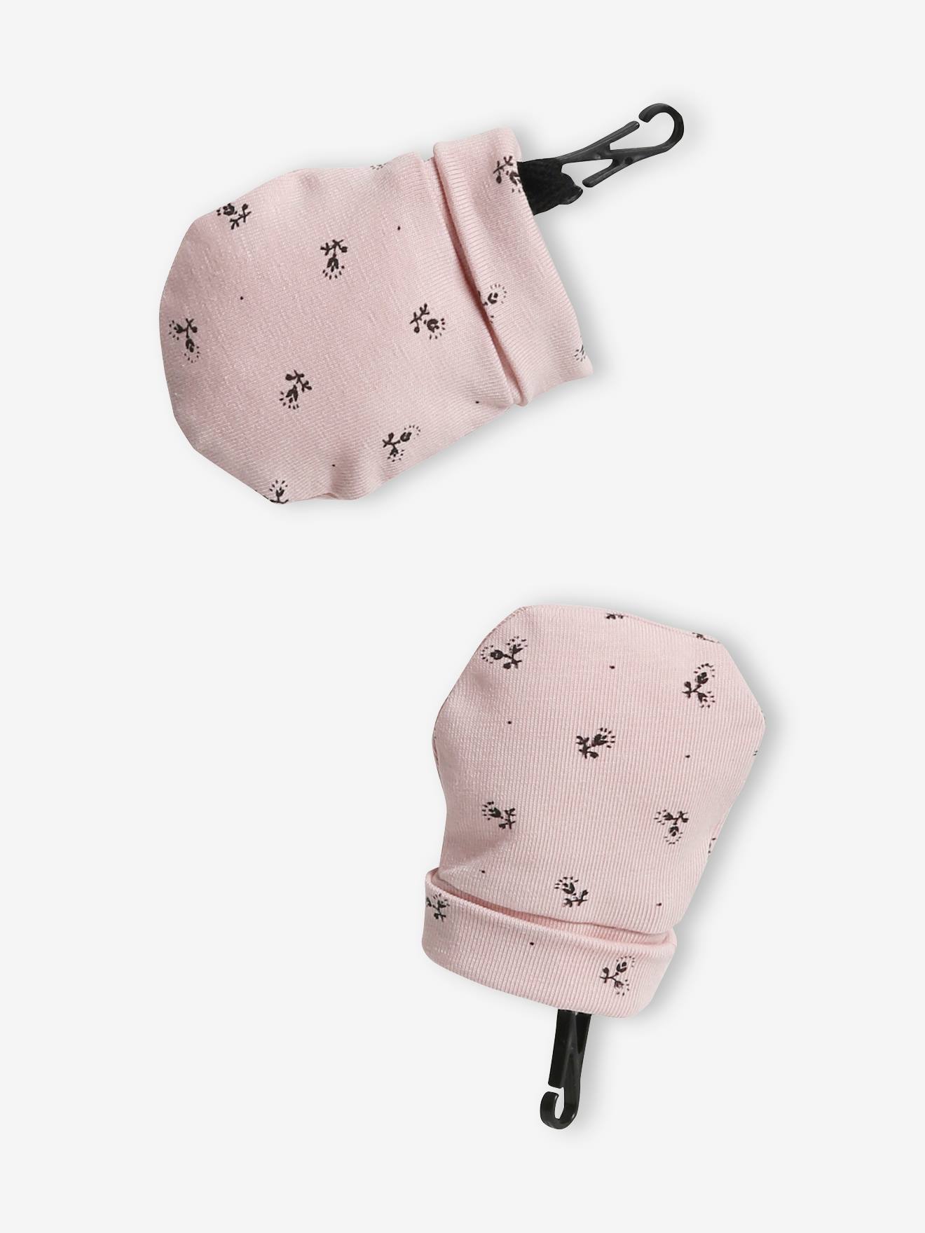 Conjunto personalizável, incluindo gorro, luvas, cachecol e bolsa de tricô estampada para bebê menina, rosa claro.