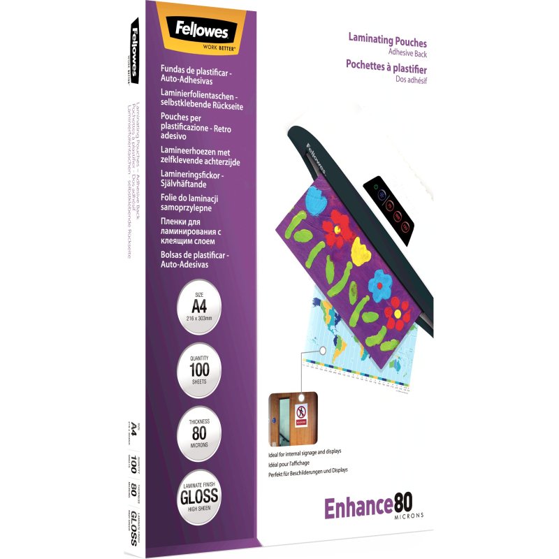Boite de 100 pochettes de plastification A4 dos adhésif 80 microns Fellowes