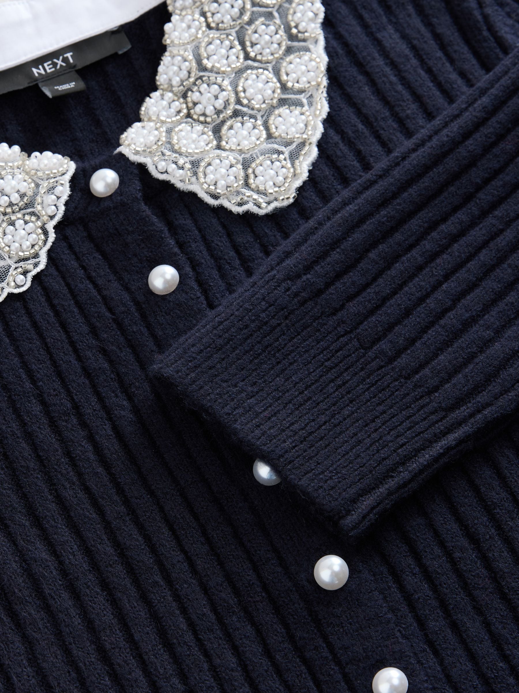 Donkerblauw - Ribbed Pearl Collar Cardigan With Wool