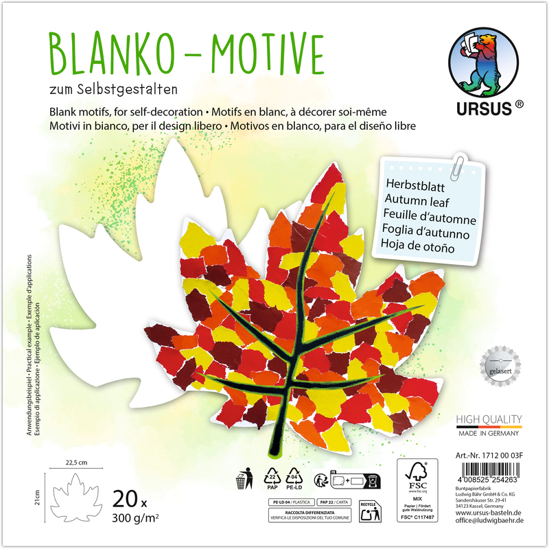Ursus Bastelpapier, Blanko-Motive, Herbstblatt, 23 x 23 cm, weiss, 20 Blatt