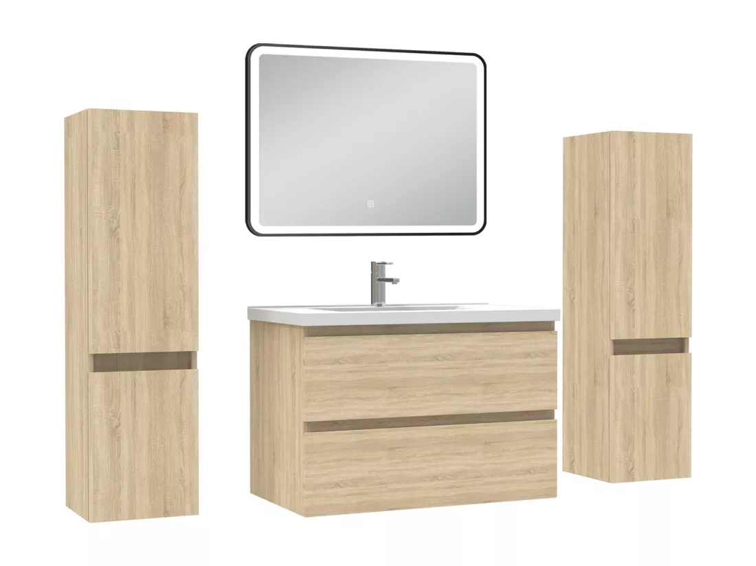 Meubles Salle de Bain 80cm avec colonne + miroir lumineux 3 couleurs Chêne Wotan
