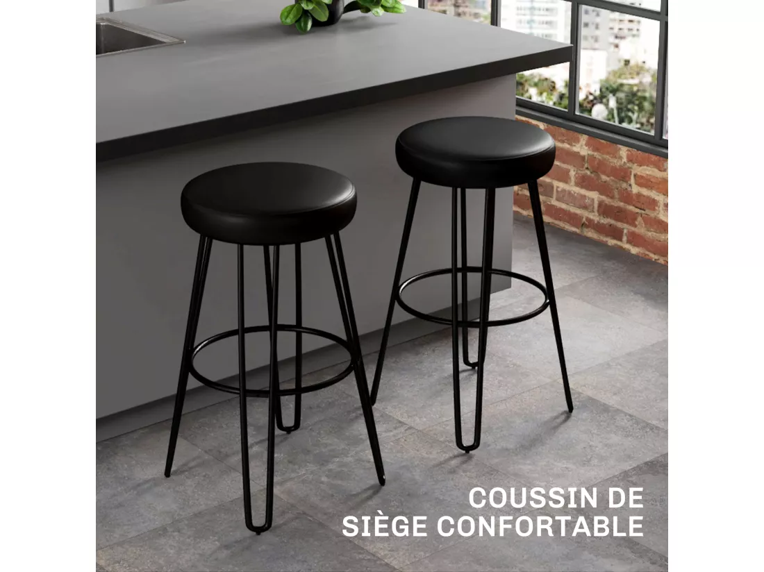 Lot de 2 tabourets de bar style industriel - repose-pieds - piètement épingle acier assise ronde noir