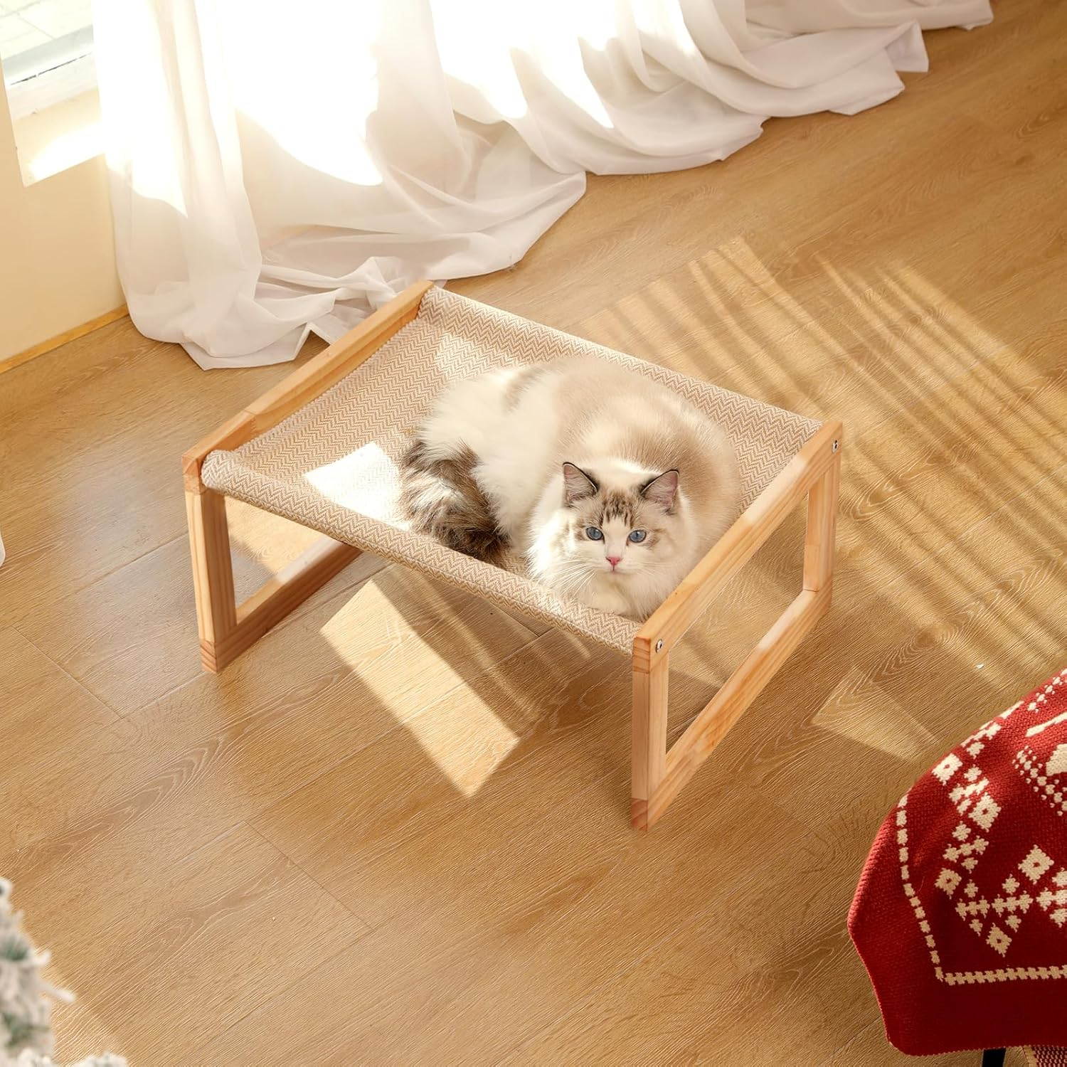 (52x42cm) Holz Katzen Hängematte Erhöhtes Haustier Bett Hunde Hängeliege - Beige