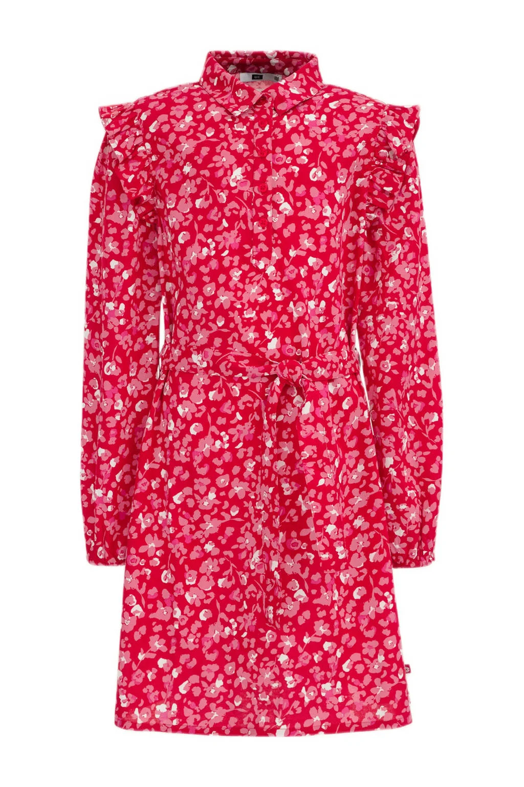 WE Fashion jurk met all over print en ruches rood/roze