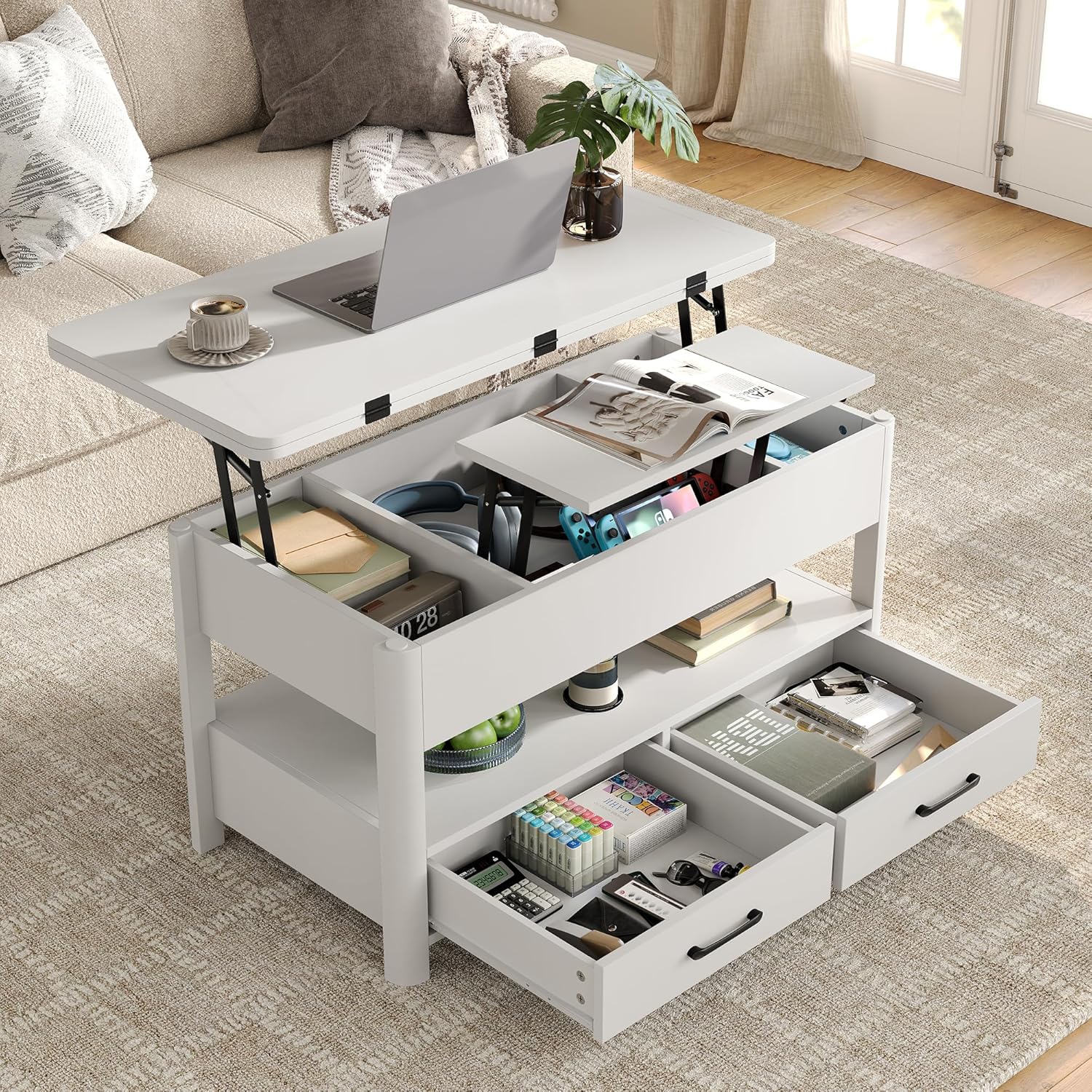Höhenverstellbarer Couchtisch mit Schubladen und Geheimfach, Couchtisch verwandelt Sich in einen Esstisch für das Wohnzimmer, Weiß