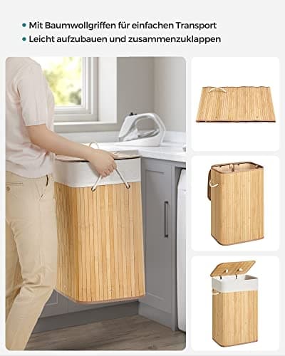 Plassbesparende vaskekurv i bambus med lokk og vaskbar pose