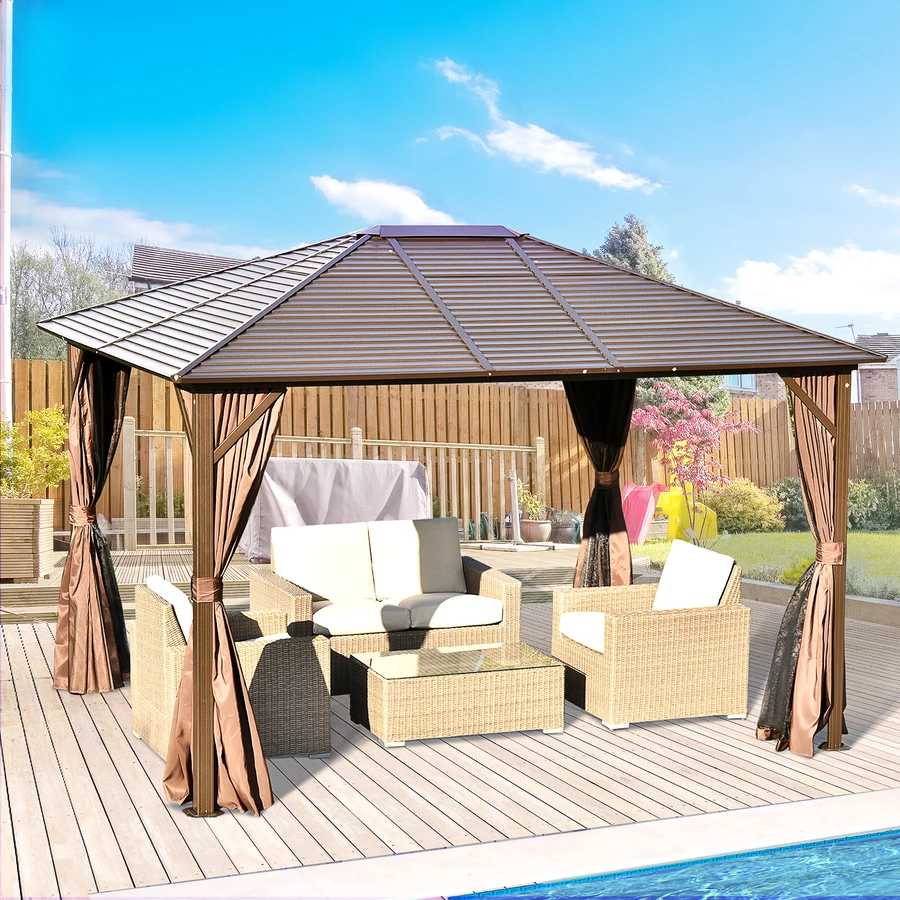 Outsunny Gartenpavillon mit Sonnenschutzvorhänge braun