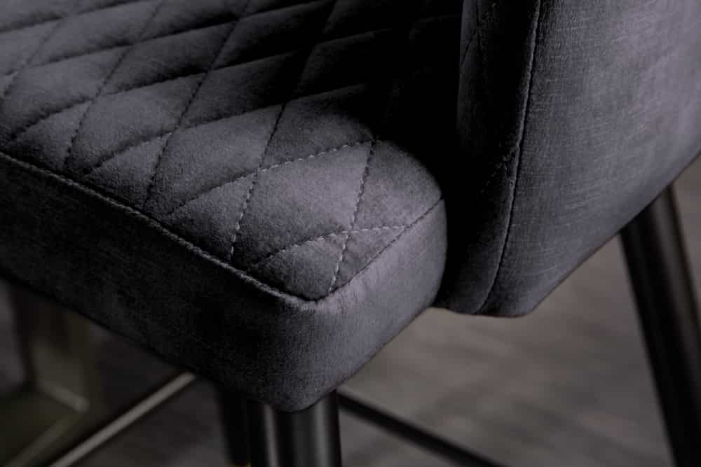Design Barhocker PARIS grau Samt mit Lehne Metall schwarz gold Ziersteppung