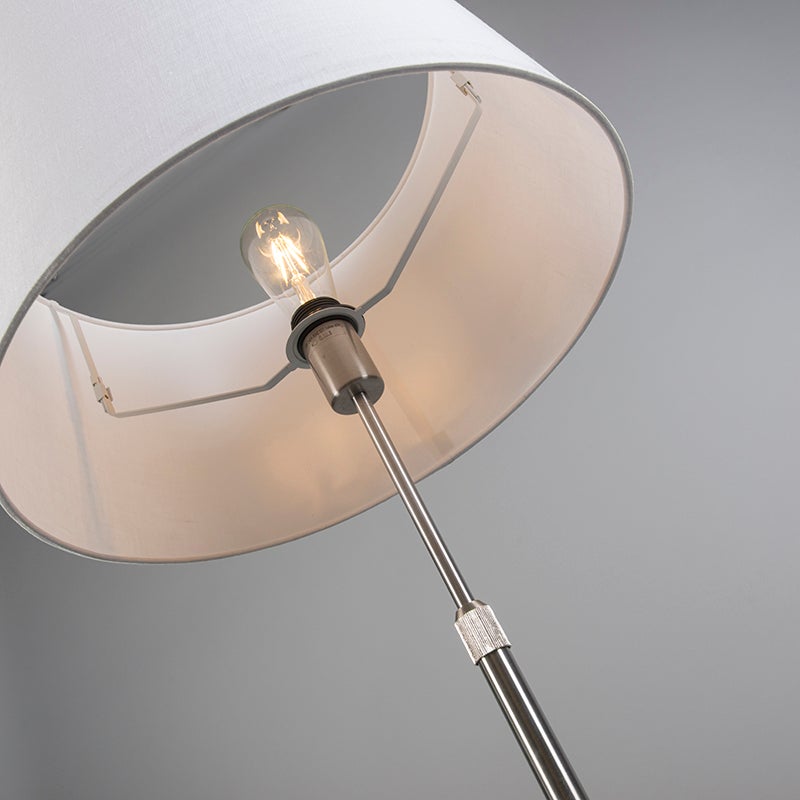 QAZQA - Moderne vloerlamp | Staande lamp | Vloerlamp | Lamp | Licht staal | Zilver | Mat nikkel met witte verstelbare lampenkap 45 cm - Parte | Woonkamer | Slaapkamer - Rond staal | Langwerpig