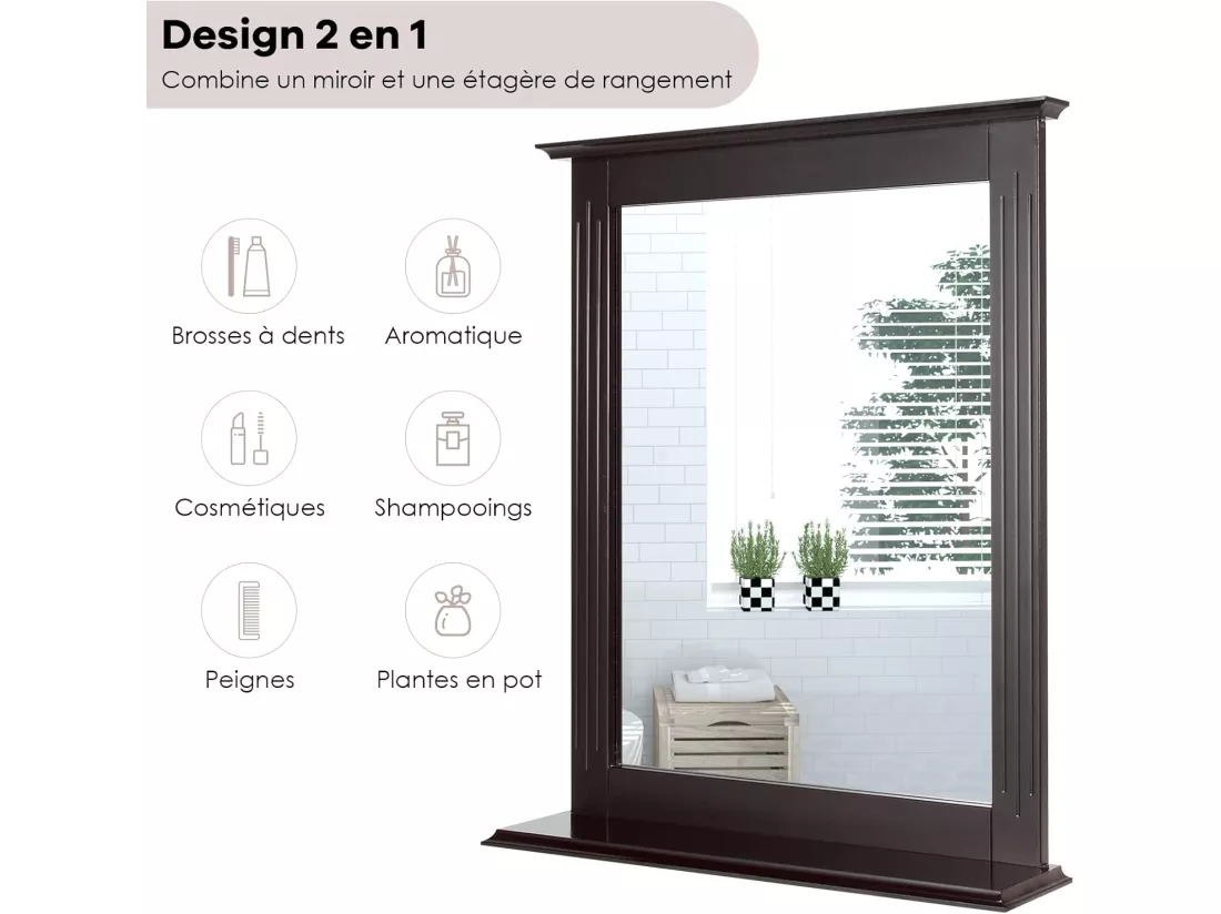 Miroir mural salle de bain avec tablette de rangement, 57 x 12 x 68cm (marron)