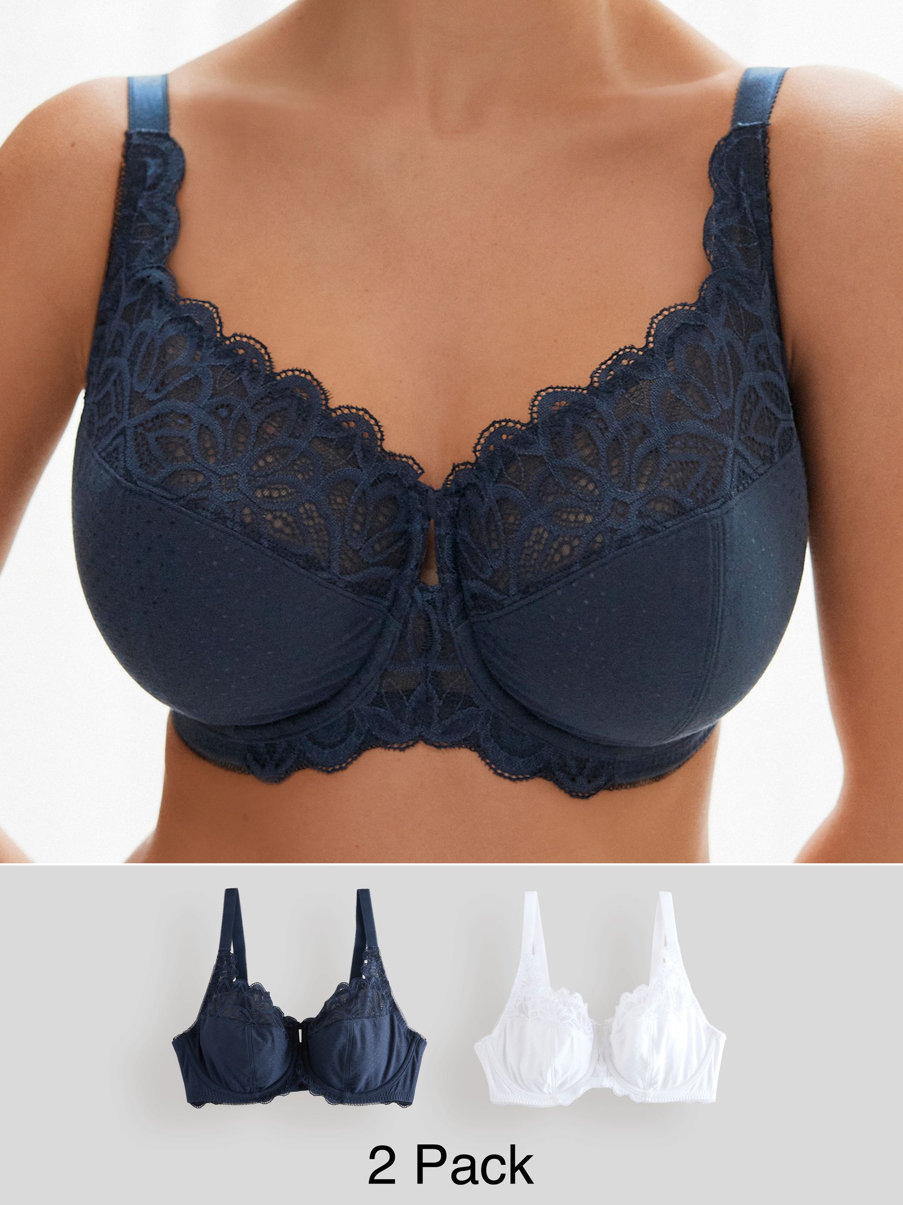 Marineblauw/wit - DD+ Non Pad Full Cup Modal & Lace Bras 2 Pack