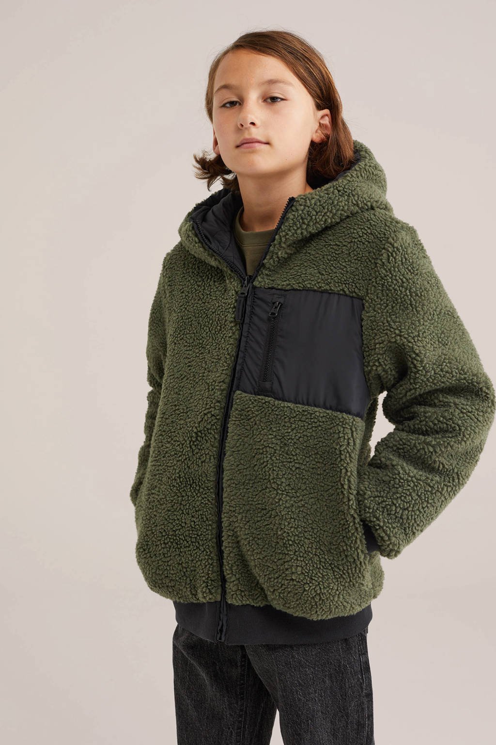 WE Fashion Blue Ridge teddy reversible jas winter donkergroen