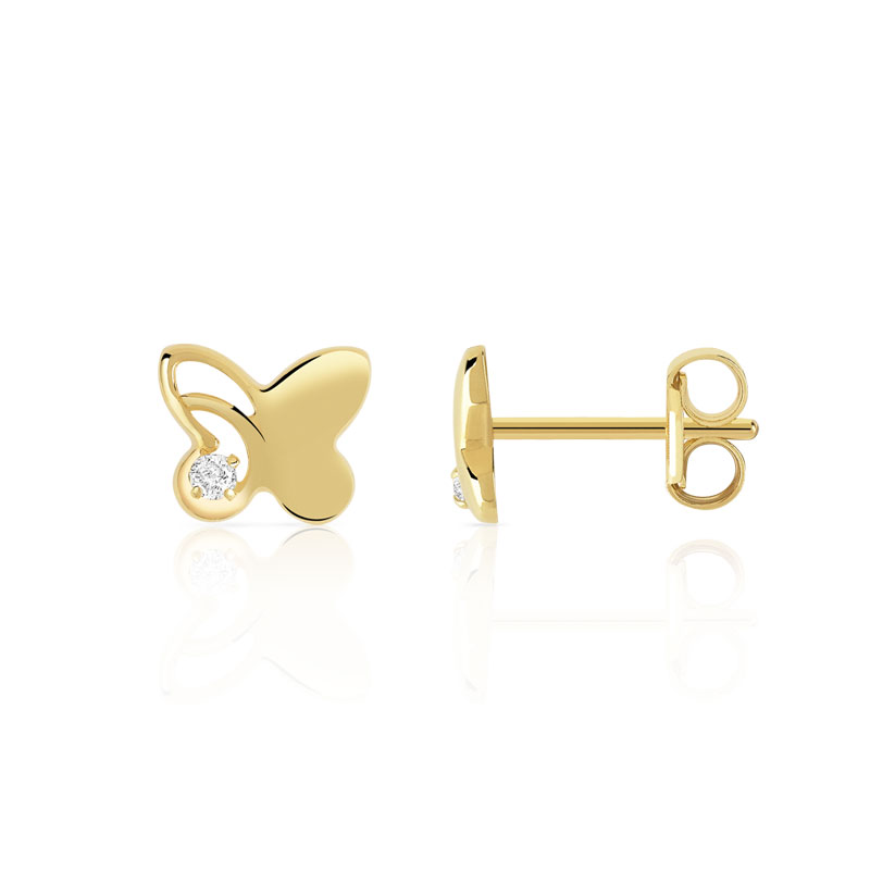 Boucles d'oreilles or 375 jaune papillons zirconias