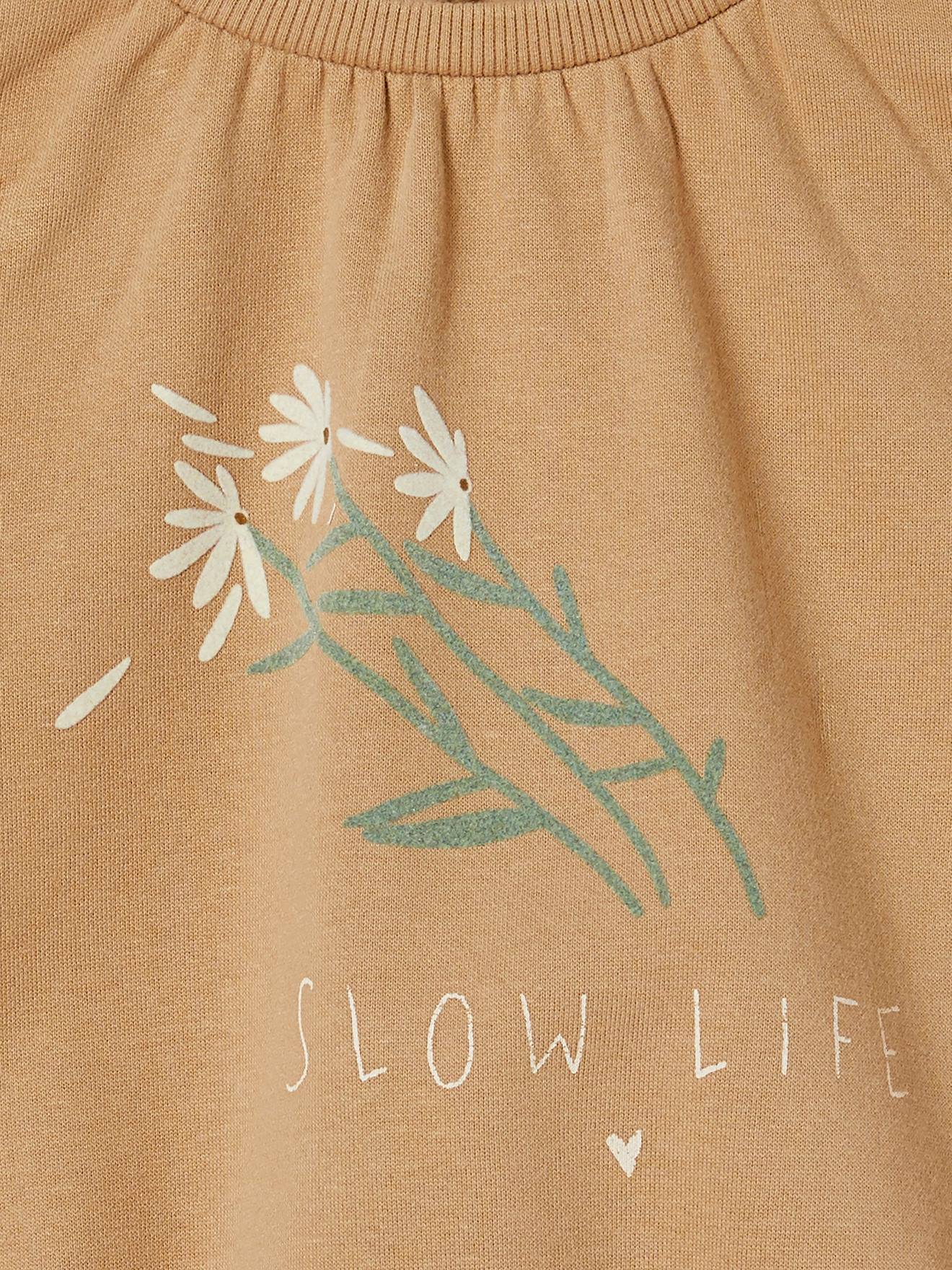 Blusa de moletom romântica com estampa floral e detalhes em ponto flatlock para meninas, marrom acinzentado.