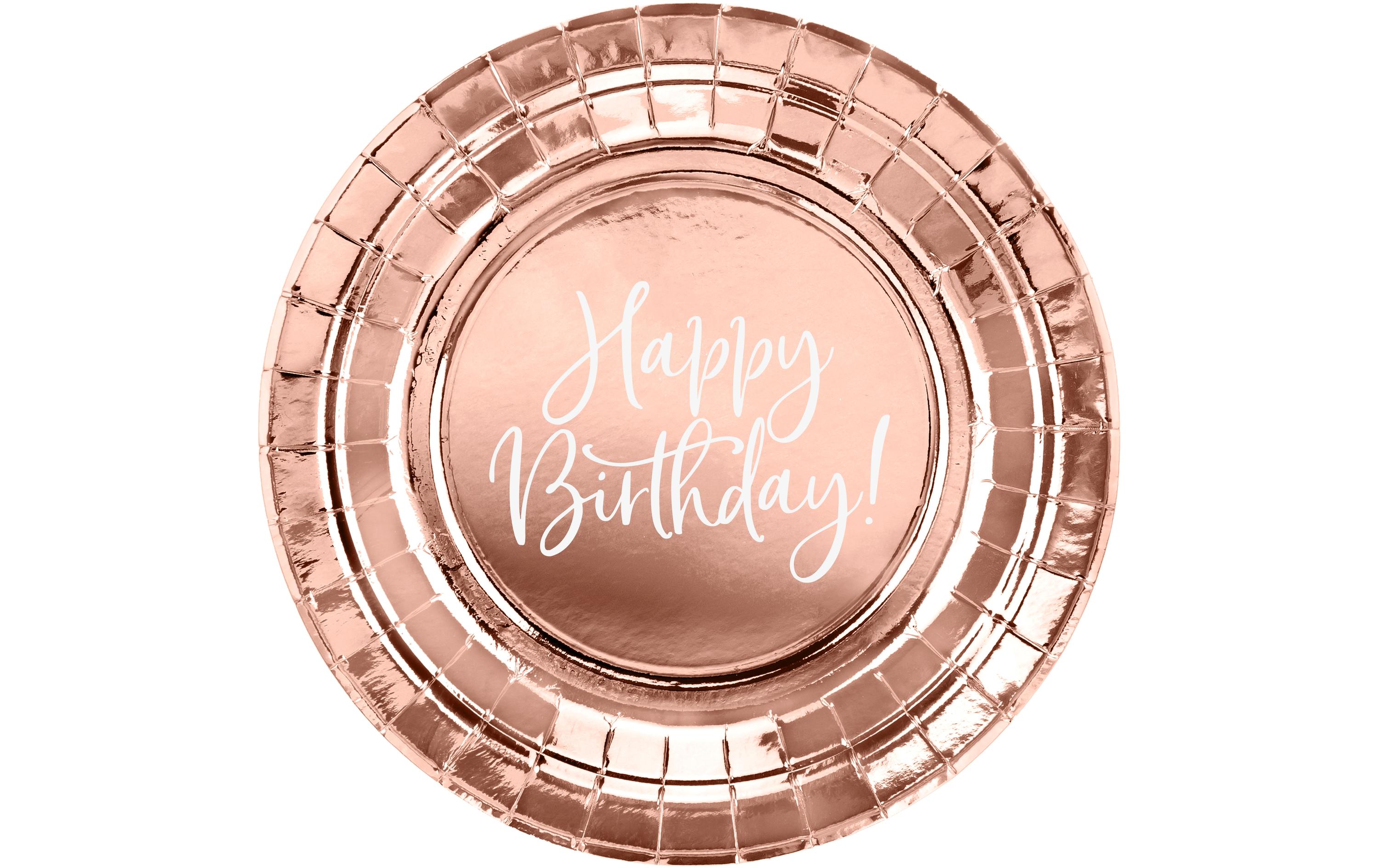 Einwegteller Happy Birthday 18 cm, 6 Stück, RosegoldPappteller als Tischdekoration