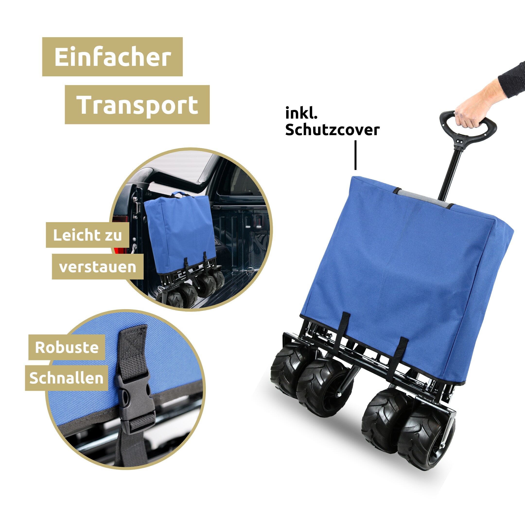 deluxe4home® Bollerwagen mit breiten Reifen | Blau/Grau