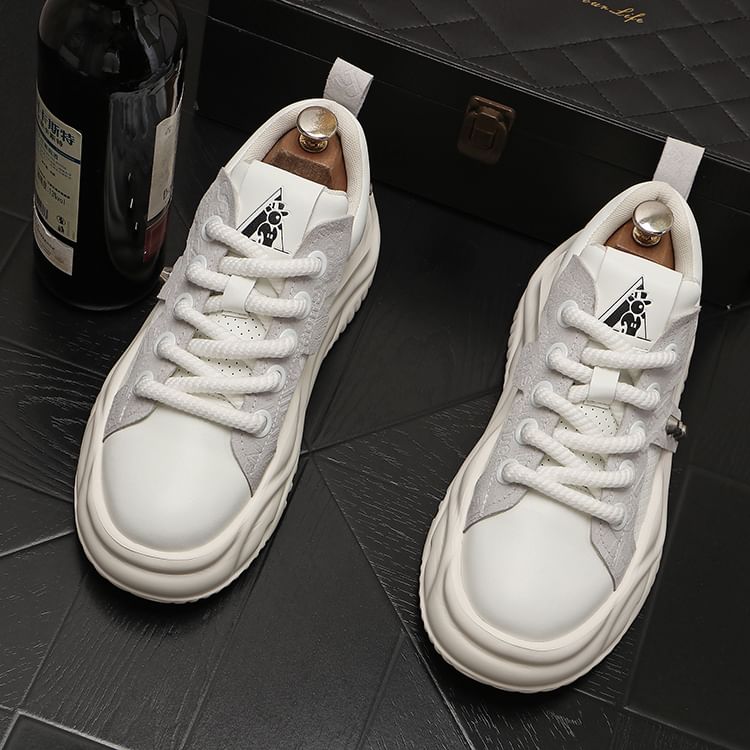 Mr Ozera - Platform Plain Studded Faux Leather Lace-Up Sneakers