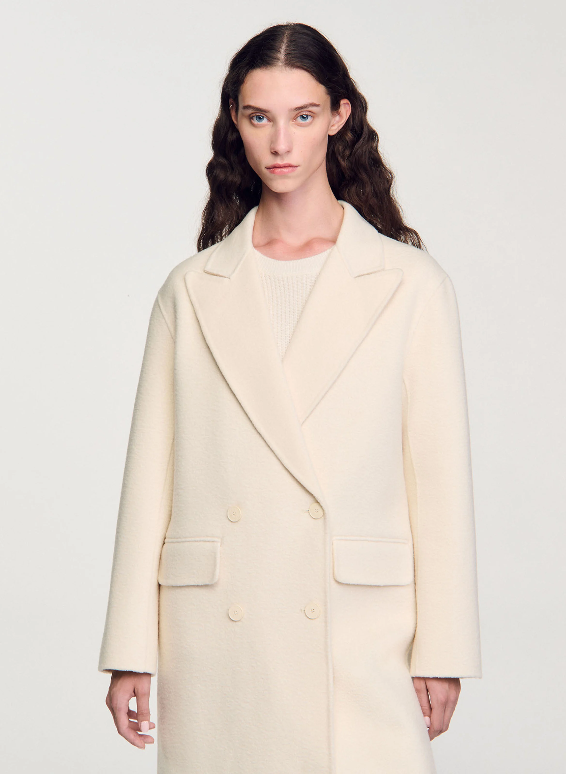 Long manteau col tailleur en laine mélangée | Blanc