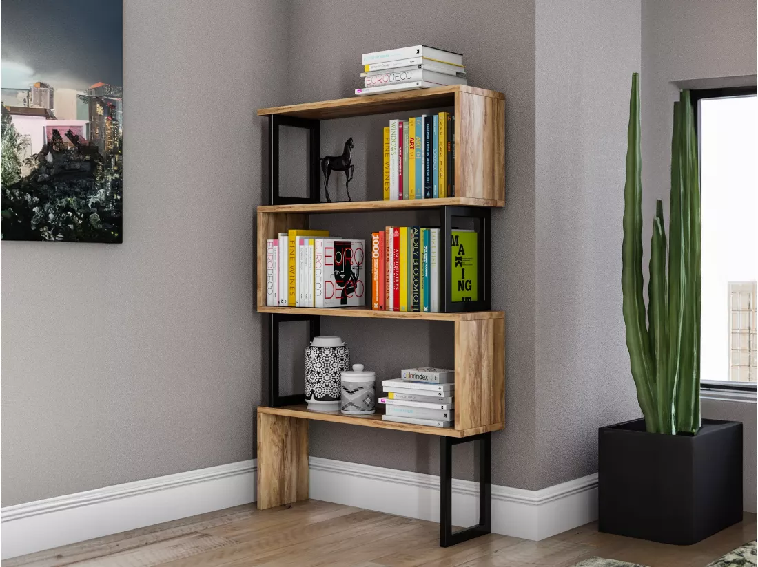 Bibliothèque avec 3 étagères en métal - Naturel clair et Noir - ROVENI