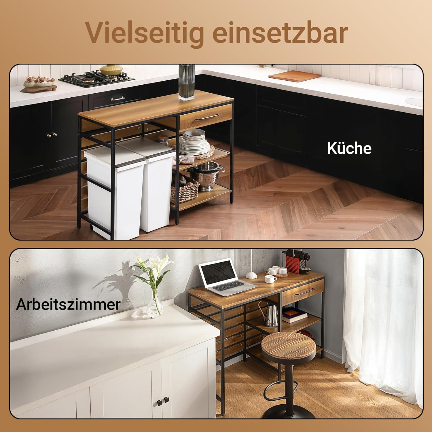 SoBuy Küchenwagen mit Arbeitsplatte, Kücheninsel freistehend, Servierwagen mit Rollen und Schublade, Küchenschrank mit offenen Ablagen, Vintage, BHT ca. 120x90x45cm, FSB71-PF