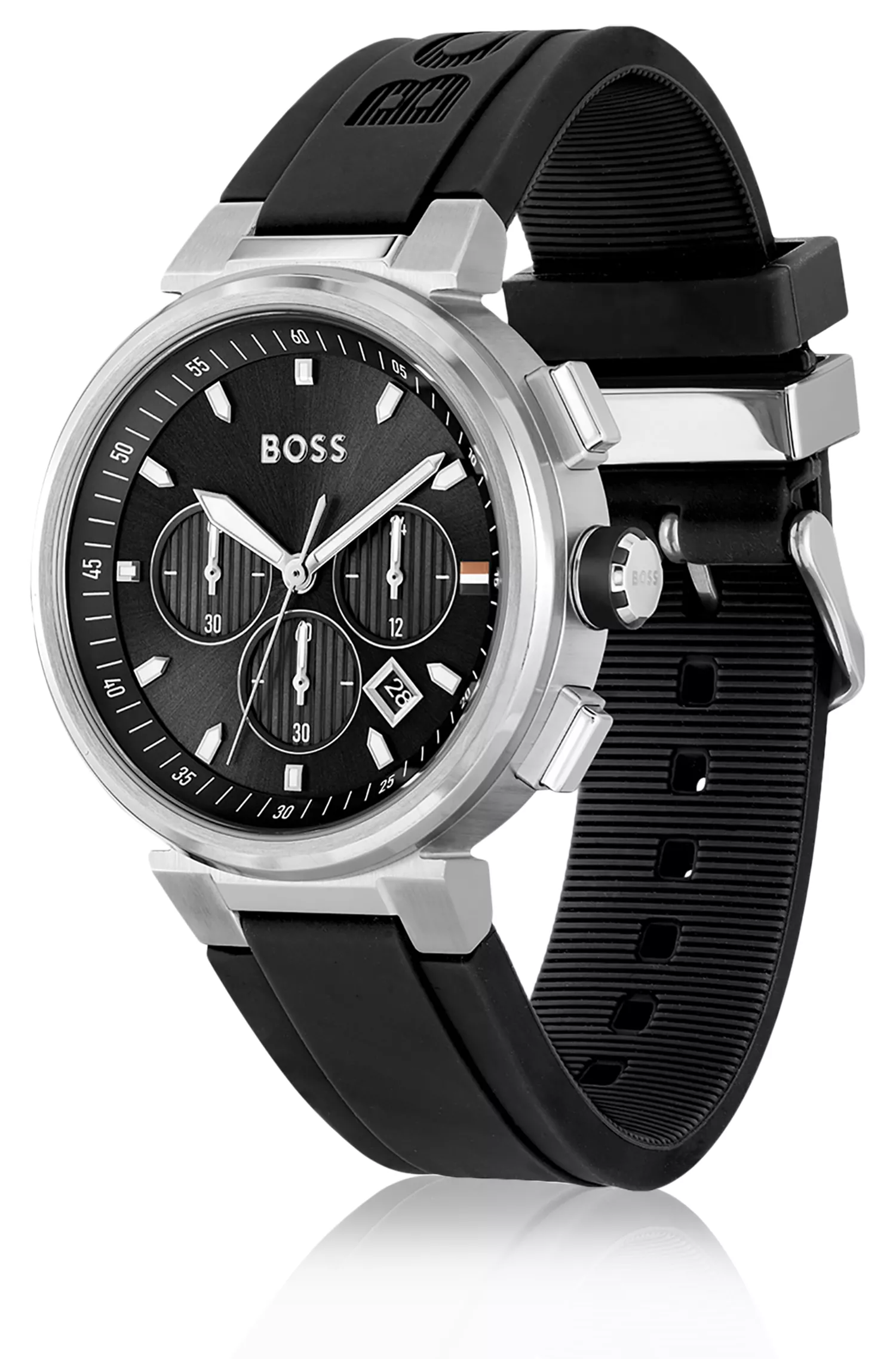 Relógio BOSS Black-Chronograph com pulseira preta com logotipo gravado.