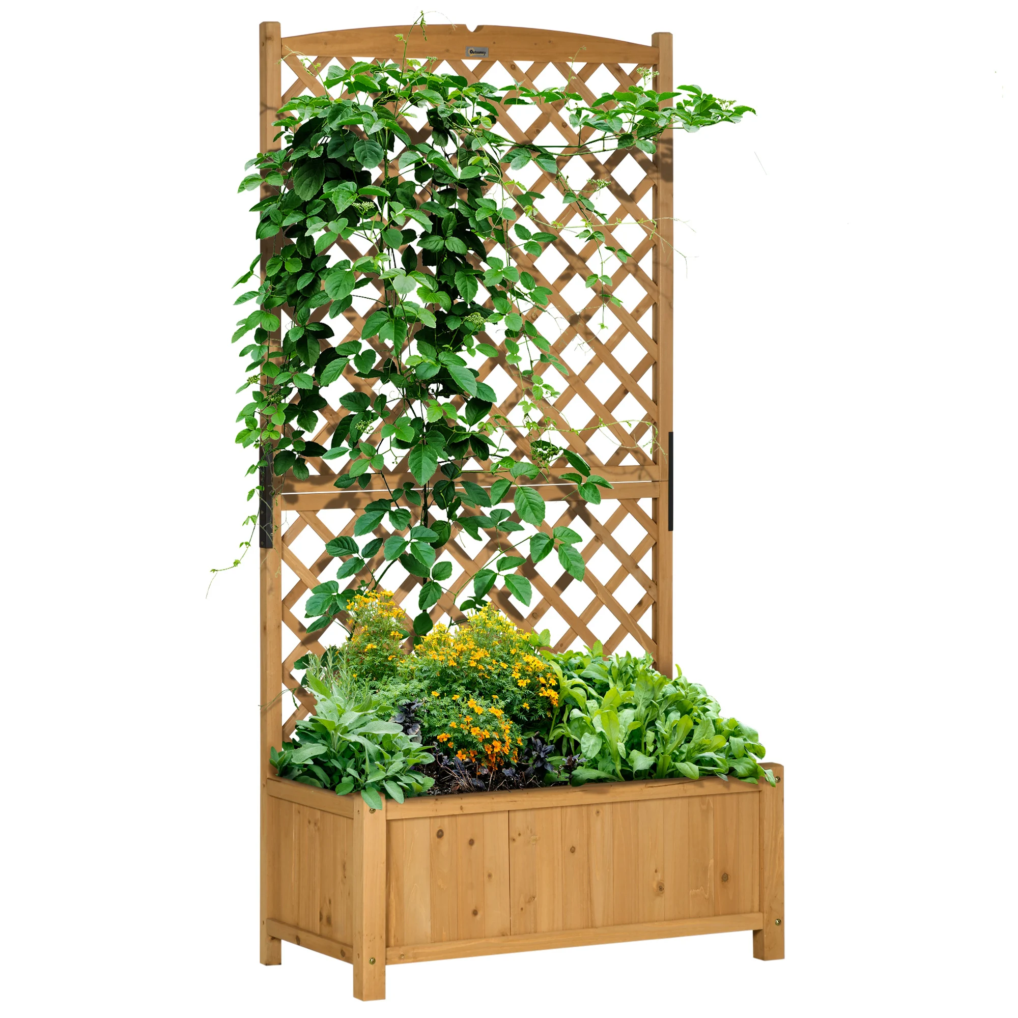 Canteiro de jardim Outsunny com treliça, floreira com suporte para plantas trepadeiras, cultivos e flores para pátio externo, terraço e varanda, 90x45x180 cm, cor natural.