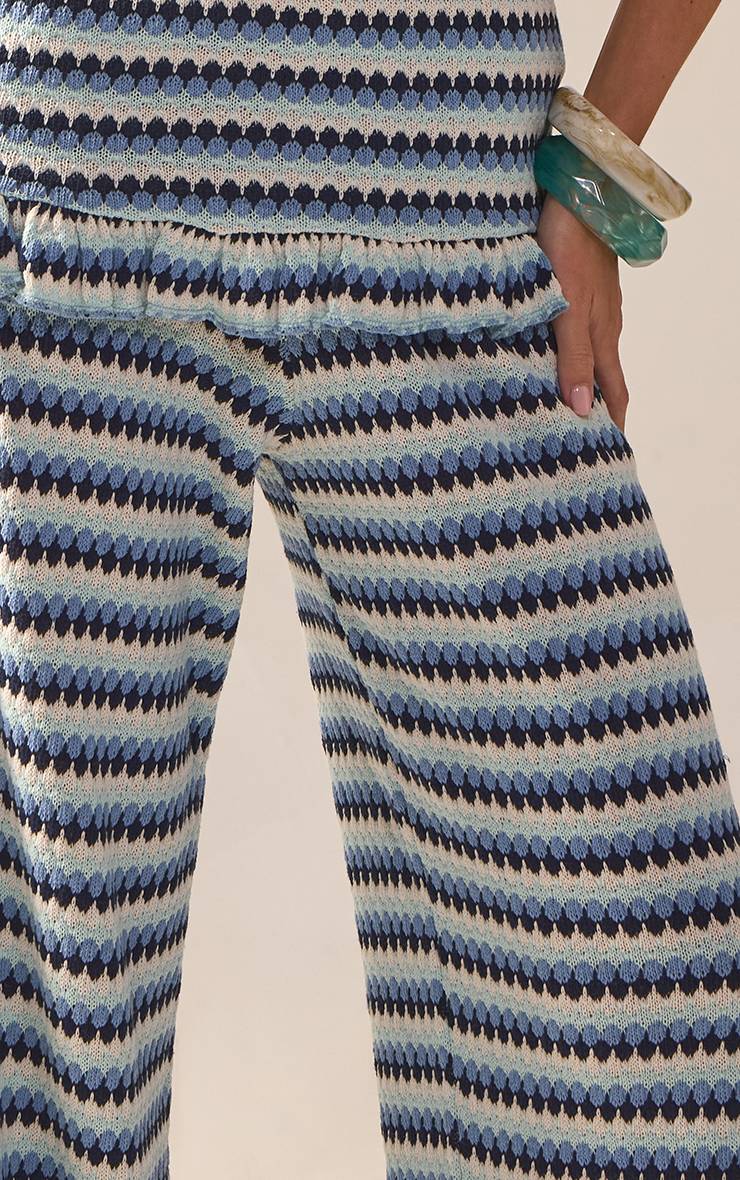 Bleu Pantalon Droit En Crochet À Rayures Ensemble Coordonné