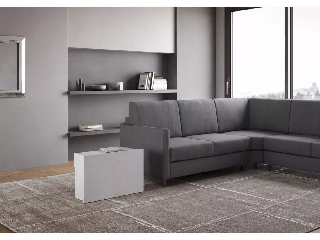 Console extensible 90x42/302 cm Evolve Frêne Blanc rallonges internes avec banc inférieur
