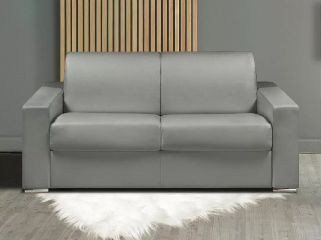 Canapé 2 places convertible express en simili gris - Couchage lattes larges 120 cm - Matelas 14 cm avec mémoire de forme CALITO