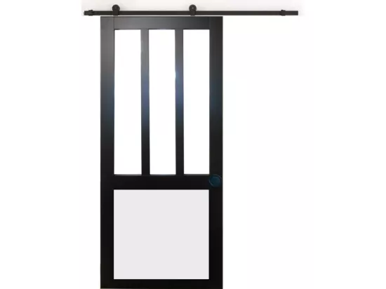 Porte Coulissante Atelier Noir Et Panneau Blanc Vitree H204 X L83 + Rail A Roulettes Noir Et 2 Coquilles Noir Gd Menuiseries