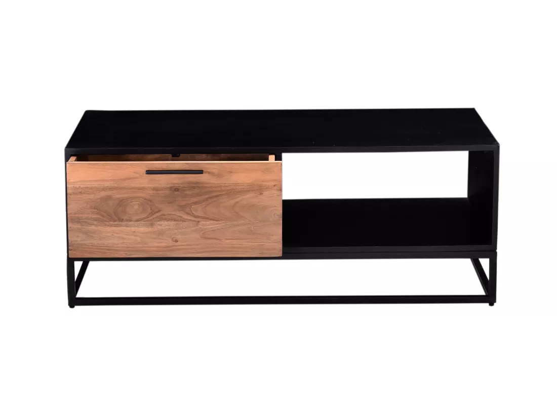 Table basse avec 1 tiroir et 1 niche en bois d'acacia et métal - Naturel foncé et noir - ALYONA