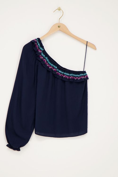 Donkerblauwe one-shoulder top met multikleur embroidery