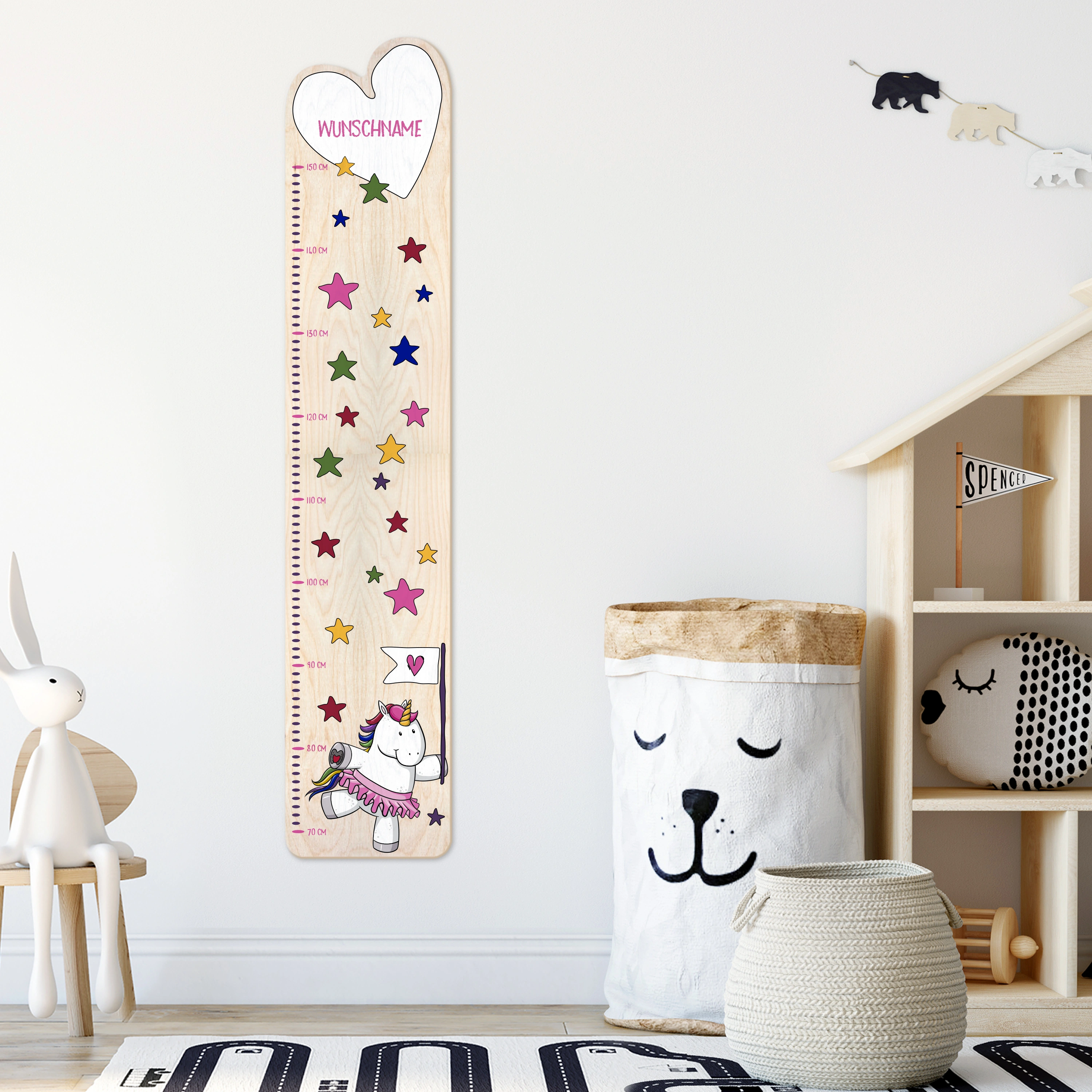 Personalisierte Holz-Messlatte mit Namen (Motiv: Einhorn)