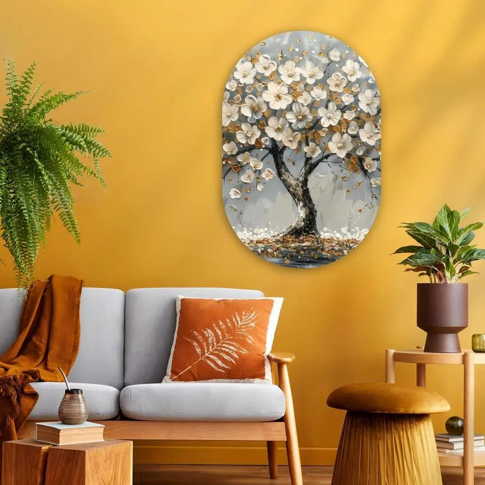 MuchoWow Wand decoratie 60x90cm Boom Goud Bloemen Abstract
