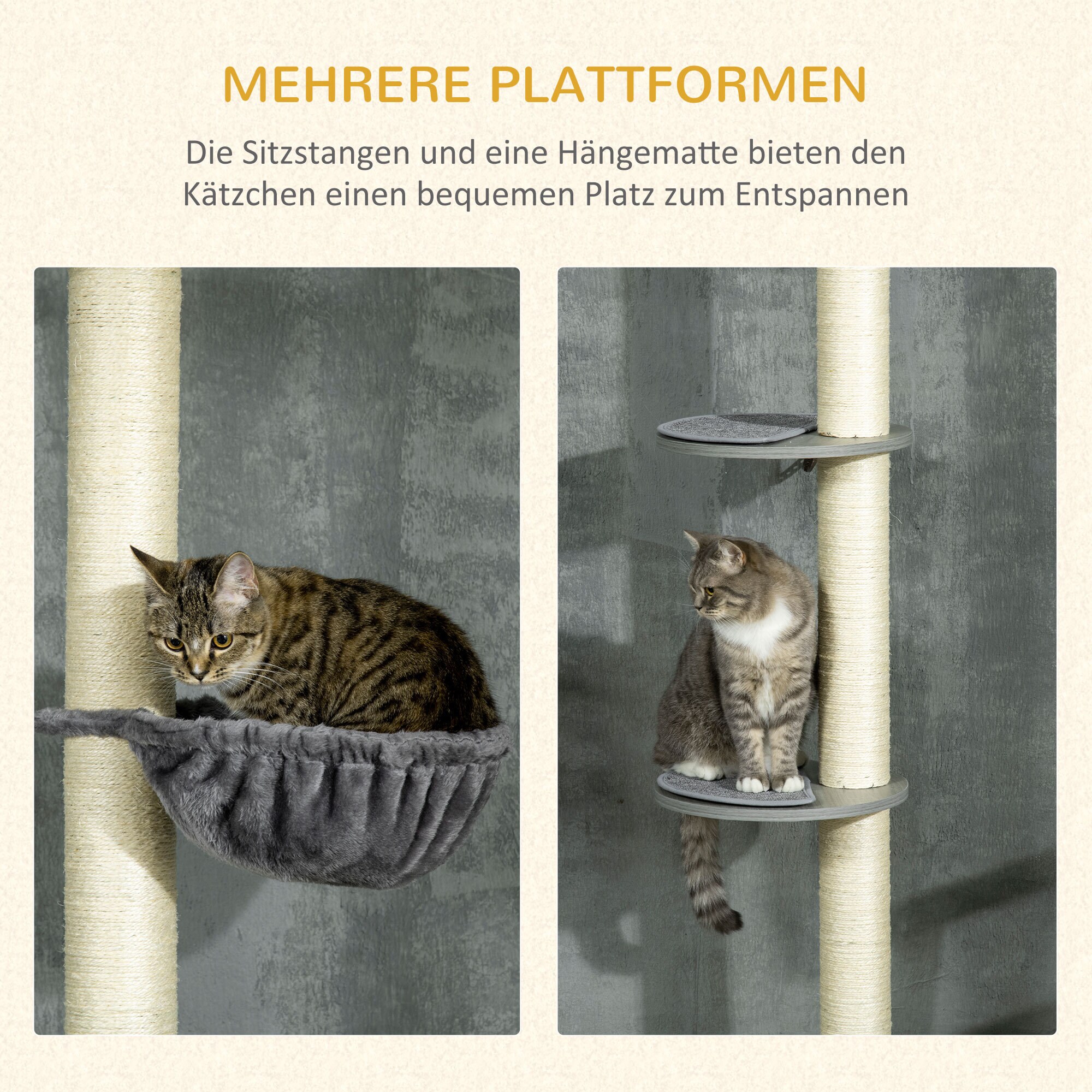 PawHut Deckenhoherkratzbaum mit Hängematte grau, natur 40L x 40B x 230-250H cm