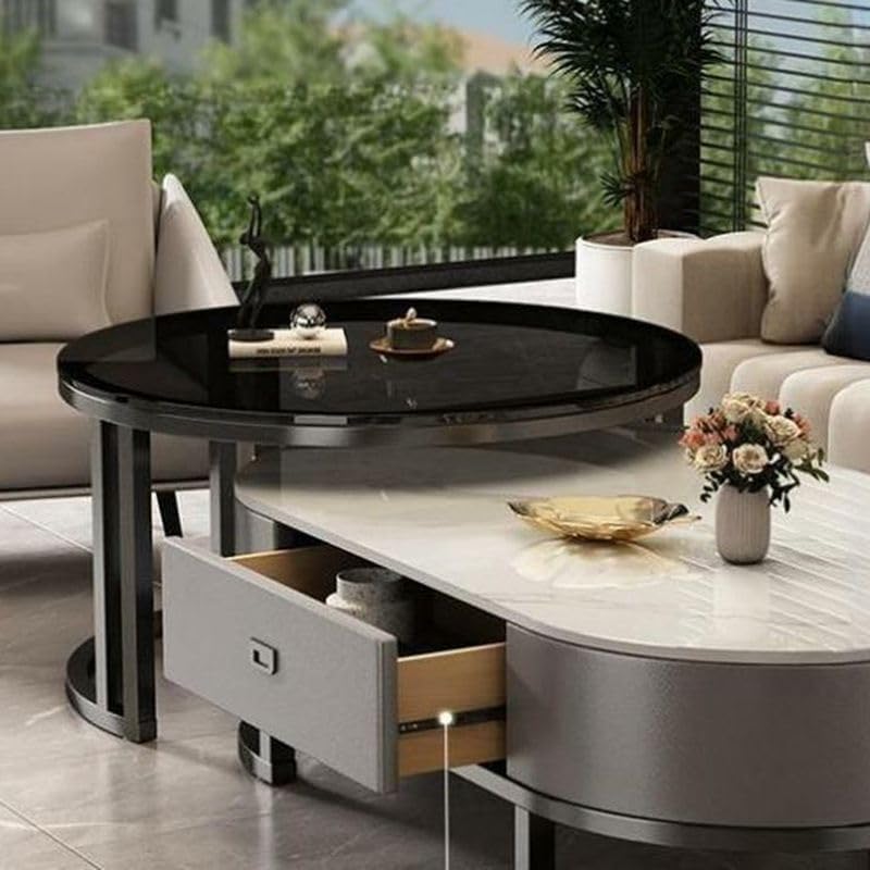 Ovaler Couchtisch aus Stein, 2er-Set, Wohnzimmertisch mit Schublade, Beistelltisch aus Glas, Schwarz/Weiß – Weiß/Schwarz, (99,4
