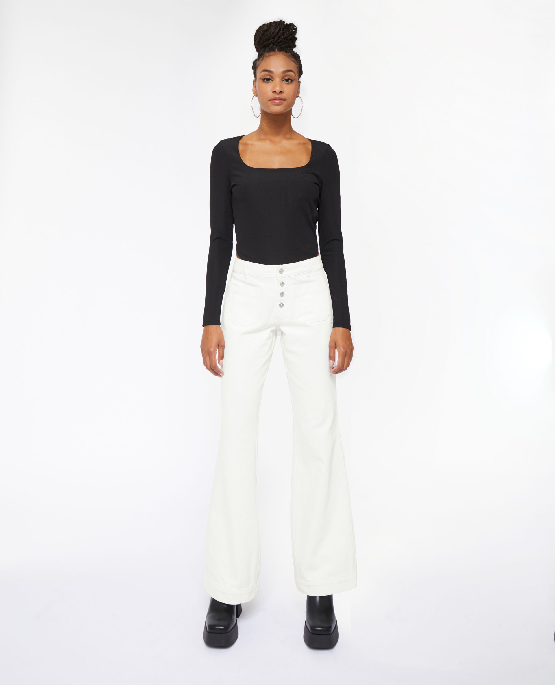 Jean flare taille haute boutons apparents - Blanc